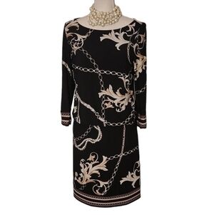 White House Black Market Floral Link Blouson Dress chain link Sz: S black/gold